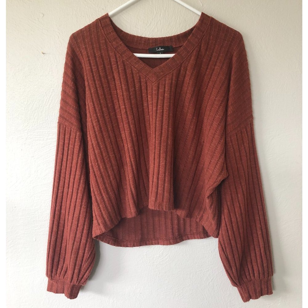 Lulu’s Rust Red Ribbed Cropped Sweater Top
